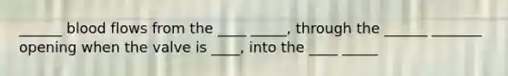 ______ blood flows from the ____ _____, through the ______ _______ opening when the valve is ____, into the ____ _____