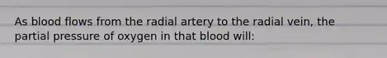 As blood flows from the radial artery to the radial vein, the partial pressure of oxygen in that blood will: