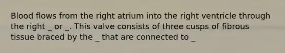 Blood flows from the right atrium into the right ventricle through the right _ or _. This valve consists of three cusps of fibrous tissue braced by the _ that are connected to _