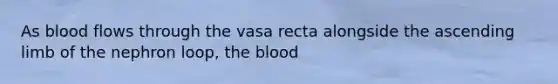 As blood flows through the vasa recta alongside the ascending limb of the nephron loop, the blood