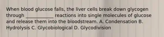 When blood glucose falls, the liver cells break down glycogen through ____________ reactions into single molecules of glucose and release them into the bloodstream. A. Condensation B. Hydrolysis C. Glycobiological D. Glycodivision