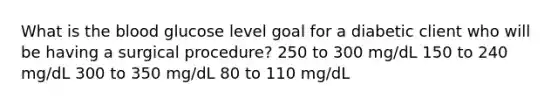 What is the blood glucose level goal for a diabetic client who will be having a surgical procedure? 250 to 300 mg/dL 150 to 240 mg/dL 300 to 350 mg/dL 80 to 110 mg/dL