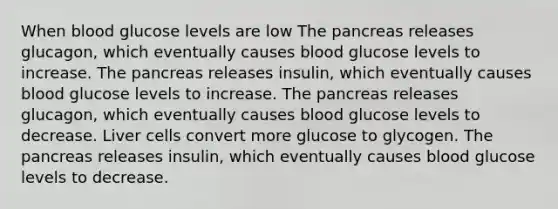 When blood glucose levels are low The pancreas releases glucagon, which eventually causes blood glucose levels to increase. The pancreas releases insulin, which eventually causes blood glucose levels to increase. The pancreas releases glucagon, which eventually causes blood glucose levels to decrease. Liver cells convert more glucose to glycogen. The pancreas releases insulin, which eventually causes blood glucose levels to decrease.