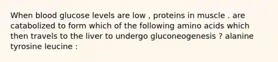 When blood glucose levels are low , proteins in muscle . are catabolized to form which of the following amino acids which then travels to the liver to undergo gluconeogenesis ? alanine tyrosine leucine :