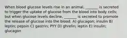 When blood glucose levels rise in an animal, _______ is secreted to trigger the uptake of glucose from the blood into body cells; but when glucose levels decline, _______ is secreted to promote the release of glucose into the blood. A) glucagon; insulin B) leptin; pepsin C) gastrin; PYY D) ghrelin; leptin E) insulin; glucagon