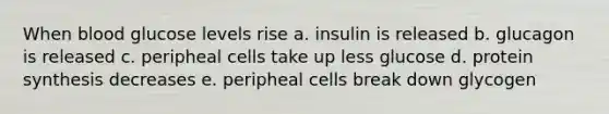 When blood glucose levels rise a. insulin is released b. glucagon is released c. peripheal cells take up less glucose d. protein synthesis decreases e. peripheal cells break down glycogen