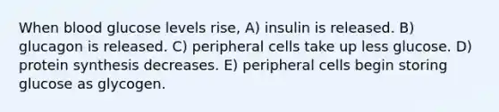 When blood glucose levels rise, A) insulin is released. B) glucagon is released. C) peripheral cells take up less glucose. D) protein synthesis decreases. E) peripheral cells begin storing glucose as glycogen.