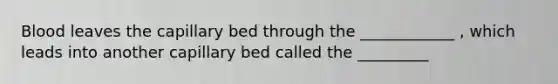 Blood leaves the capillary bed through the ____________ , which leads into another capillary bed called the _________