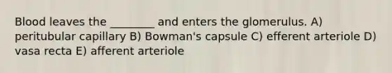 Blood leaves the ________ and enters the glomerulus. A) peritubular capillary B) Bowman's capsule C) efferent arteriole D) vasa recta E) afferent arteriole