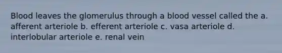 Blood leaves the glomerulus through a blood vessel called the a. afferent arteriole b. efferent arteriole c. vasa arteriole d. interlobular arteriole e. renal vein