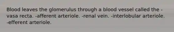 Blood leaves the glomerulus through a blood vessel called the -vasa recta. -afferent arteriole. -renal vein. -interlobular arteriole. -efferent arteriole.