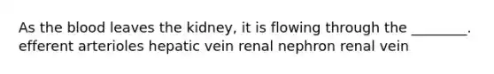 As the blood leaves the kidney, it is flowing through the ________. efferent arterioles hepatic vein renal nephron renal vein