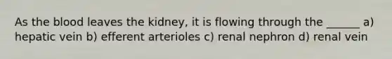 As <a href='https://www.questionai.com/knowledge/k7oXMfj7lk-the-blood' class='anchor-knowledge'>the blood</a> leaves the kidney, it is flowing through the ______ a) hepatic vein b) efferent arterioles c) renal nephron d) renal vein