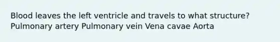 Blood leaves the left ventricle and travels to what structure? Pulmonary artery Pulmonary vein Vena cavae Aorta