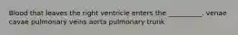 Blood that leaves the right ventricle enters the __________. venae cavae pulmonary veins aorta pulmonary trunk