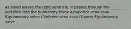 As blood leaves the right ventricle, it passes through the ________ and then into the pulmonary trunk A)superior vena cava B)pulmonary veins C)inferior vena cava D)aorta E)pulmonary valve