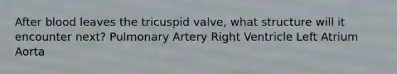 After blood leaves the tricuspid valve, what structure will it encounter next? Pulmonary Artery Right Ventricle Left Atrium Aorta