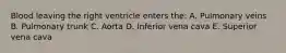 Blood leaving the right ventricle enters the: A. Pulmonary veins B. Pulmonary trunk C. Aorta D. Inferior vena cava E. Superior vena cava