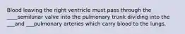 Blood leaving the right ventricle must pass through the ____semilunar valve into the pulmonary trunk dividing into the ___and ___pulmonary arteries which carry blood to the lungs.