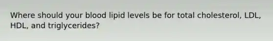 Where should your blood lipid levels be for total cholesterol, LDL, HDL, and triglycerides?