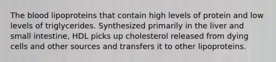 The blood lipoproteins that contain high levels of protein and low levels of triglycerides. Synthesized primarily in the liver and small intestine, HDL picks up cholesterol released from dying cells and other sources and transfers it to other lipoproteins.