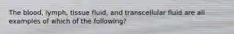 The blood, lymph, tissue fluid, and transcellular fluid are all examples of which of the following?