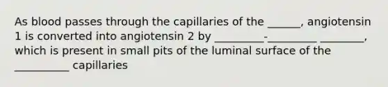 As blood passes through the capillaries of the ______, angiotensin 1 is converted into angiotensin 2 by _________-_________ ________, which is present in small pits of the luminal surface of the __________ capillaries