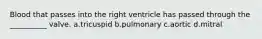 Blood that passes into the right ventricle has passed through the __________ valve. a.tricuspid b.pulmonary c.aortic d.mitral