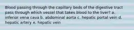 Blood passing through the capillary beds of the digestive tract pass through which vessel that takes blood to the liver? a. inferior vena cava b. abdominal aorta c. hepatic portal vein d. hepatic artery e. hepatic vein