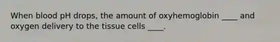 When blood pH drops, the amount of oxyhemoglobin ____ and oxygen delivery to the tissue cells ____.