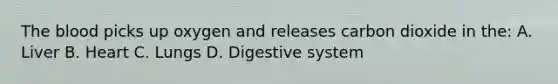 The blood picks up oxygen and releases carbon dioxide in the: A. Liver B. Heart C. Lungs D. Digestive system