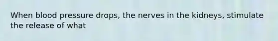 When blood pressure drops, the nerves in the kidneys, stimulate the release of what