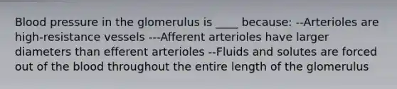 Blood pressure in the glomerulus is ____ because: --Arterioles are high-resistance vessels ---Afferent arterioles have larger diameters than efferent arterioles --Fluids and solutes are forced out of the blood throughout the entire length of the glomerulus