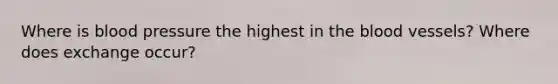 Where is blood pressure the highest in the blood vessels? Where does exchange occur?