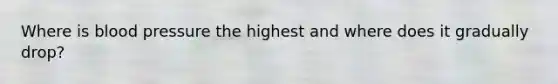 Where is blood pressure the highest and where does it gradually drop?