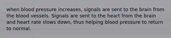 when blood pressure increases, signals are sent to <a href='https://www.questionai.com/knowledge/kLMtJeqKp6-the-brain' class='anchor-knowledge'>the brain</a> from <a href='https://www.questionai.com/knowledge/k7oXMfj7lk-the-blood' class='anchor-knowledge'>the blood</a> vessels. Signals are sent to <a href='https://www.questionai.com/knowledge/kya8ocqc6o-the-heart' class='anchor-knowledge'>the heart</a> from the brain and heart rate slows down, thus helping blood pressure to return to normal.