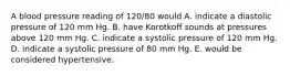 A blood pressure reading of 120/80 would A. indicate a diastolic pressure of 120 mm Hg. B. have Korotkoff sounds at pressures above 120 mm Hg. C. indicate a systolic pressure of 120 mm Hg. D. indicate a systolic pressure of 80 mm Hg. E. would be considered hypertensive.