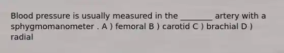 Blood pressure is usually measured in the ________ artery with a sphygmomanometer . A ) femoral B ) carotid C ) brachial D ) radial