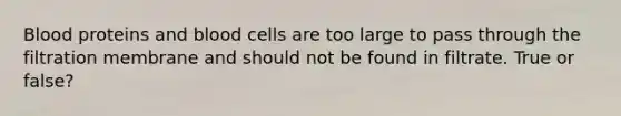 Blood proteins and blood cells are too large to pass through the filtration membrane and should not be found in filtrate. True or false?