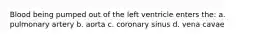 Blood being pumped out of the left ventricle enters the: a. pulmonary artery b. aorta c. coronary sinus d. vena cavae