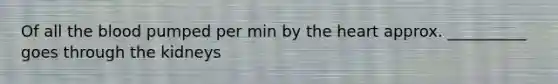 Of all the blood pumped per min by the heart approx. __________ goes through the kidneys