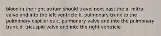 blood in the right atrium should travel next past the a. mitral valve and into the left ventricle b. pulmonary trunk to the pulmonary capillaries c. pulmonary valve and into the pulmonary trunk d. tricuspid valve and into the right ventricle