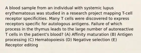 A blood sample from an individual with systemic lupus erythematosus was studied in a research project mapping T-cell receptor specificities. Many T cells were discovered to express receptors specific for autologous antigens. Failure of which process in the thymus leads to the large number of autoreactive T cells in the patient's blood? (A) Affinity maturation (B) Antigen processing (C) Hematopoiesis (D) Negative selection (E) Receptor editing