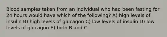 Blood samples taken from an individual who had been fasting for 24 hours would have which of the following? A) high levels of insulin B) high levels of glucagon C) low levels of insulin D) low levels of glucagon E) both B and C