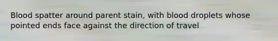 Blood spatter around parent stain, with blood droplets whose pointed ends face against the direction of travel