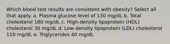 Which blood test results are consistent with obesity? Select all that apply. a. Plasma glucose level of 130 mg/dL b. Total cholesterol 180 mg/dL c. High-density lipoprotein (HDL) cholesterol 30 mg/dL d. Low-density lipoprotein (LDL) cholesterol 110 mg/dL e. Triglycerides 40 mg/dL