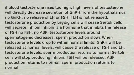 if blood testosterone rises too high: high levels of testosterone will directly decrease secretion of GnRH from the hypothalamus no GnRH, no release of LH or FSH If LH is not released, testosterone production by Leydig cells will cease Sertoli cells will secrete inhibin inhibin is a hormone that inhibits the release of FSH no FSH, no ABP; testosterone levels around spermatogenic decreases, sperm production slows When testosterone levels drop to within normal limits: GnRH will be released at normal levels, will cause the release of FSH and LH, testosterone levels, sperm production returns to normal Sertoli cells will stop producing inhibin, FSH will be released, ABP production returns to normal, sperm production returns to normal