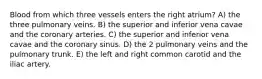 Blood from which three vessels enters the right atrium? A) the three pulmonary veins. B) the superior and inferior vena cavae and the coronary arteries. C) the superior and inferior vena cavae and the coronary sinus. D) the 2 pulmonary veins and the pulmonary trunk. E) the left and right common carotid and the iliac artery.