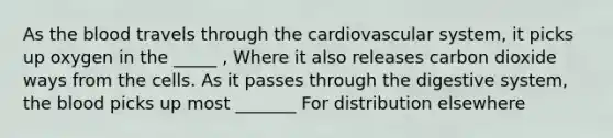 As the blood travels through the cardiovascular system, it picks up oxygen in the _____ , Where it also releases carbon dioxide ways from the cells. As it passes through the digestive system, the blood picks up most _______ For distribution elsewhere