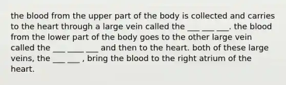 the blood from the upper part of the body is collected and carries to the heart through a large vein called the ___ ___ ___. the blood from the lower part of the body goes to the other large vein called the ___ ____ ___ and then to the heart. both of these large veins, the ___ ___ , bring the blood to the right atrium of the heart.